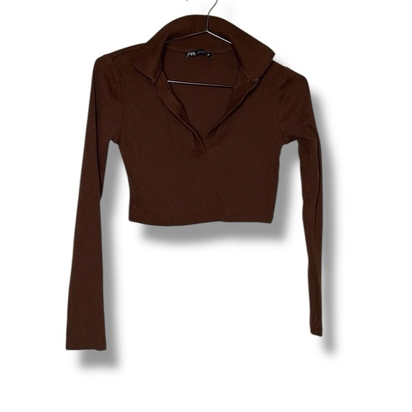 Zara v-neck ribbed crop brown long sleeve top M a-26 - Picture 1 of 4